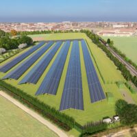 Drohnenbild auf die geplante FFPV Freiflächen-PV-Anlage in Hilden-Karnap.